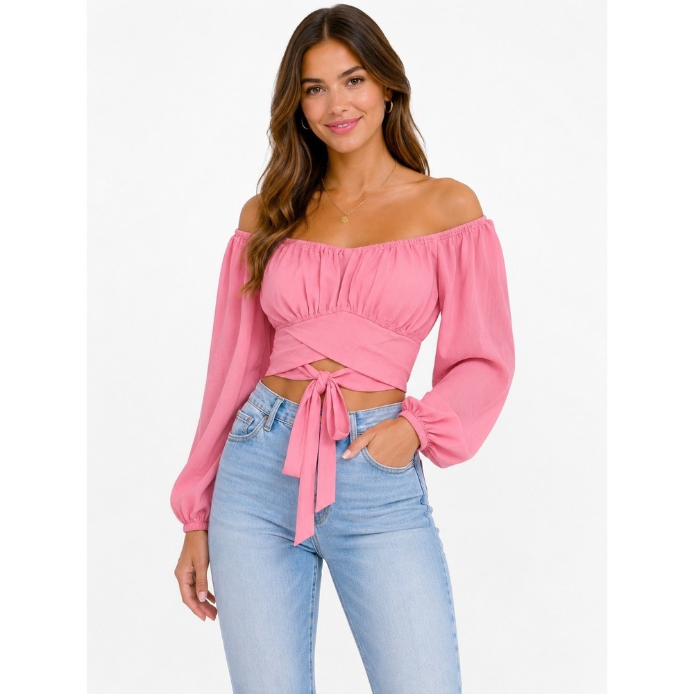 Pink Crop Top Small Off Shoulder Tie Front‎ Long Lantern Sleeve Coquette Girly